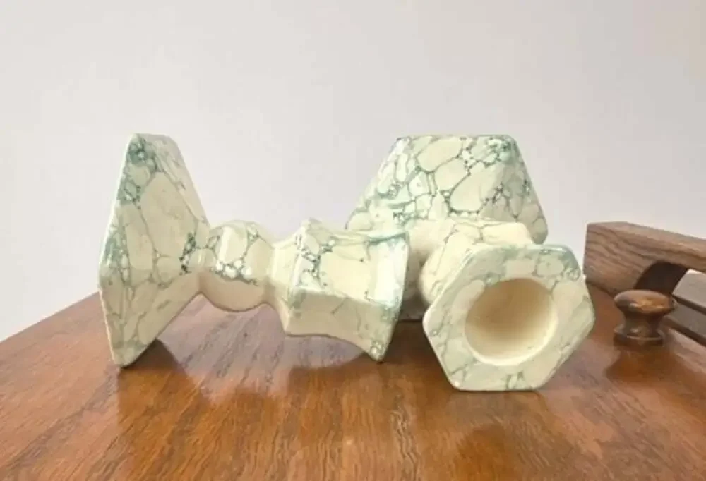 Vintage Partylite Green and White Marbled Ceramic CandleHolders, Pair